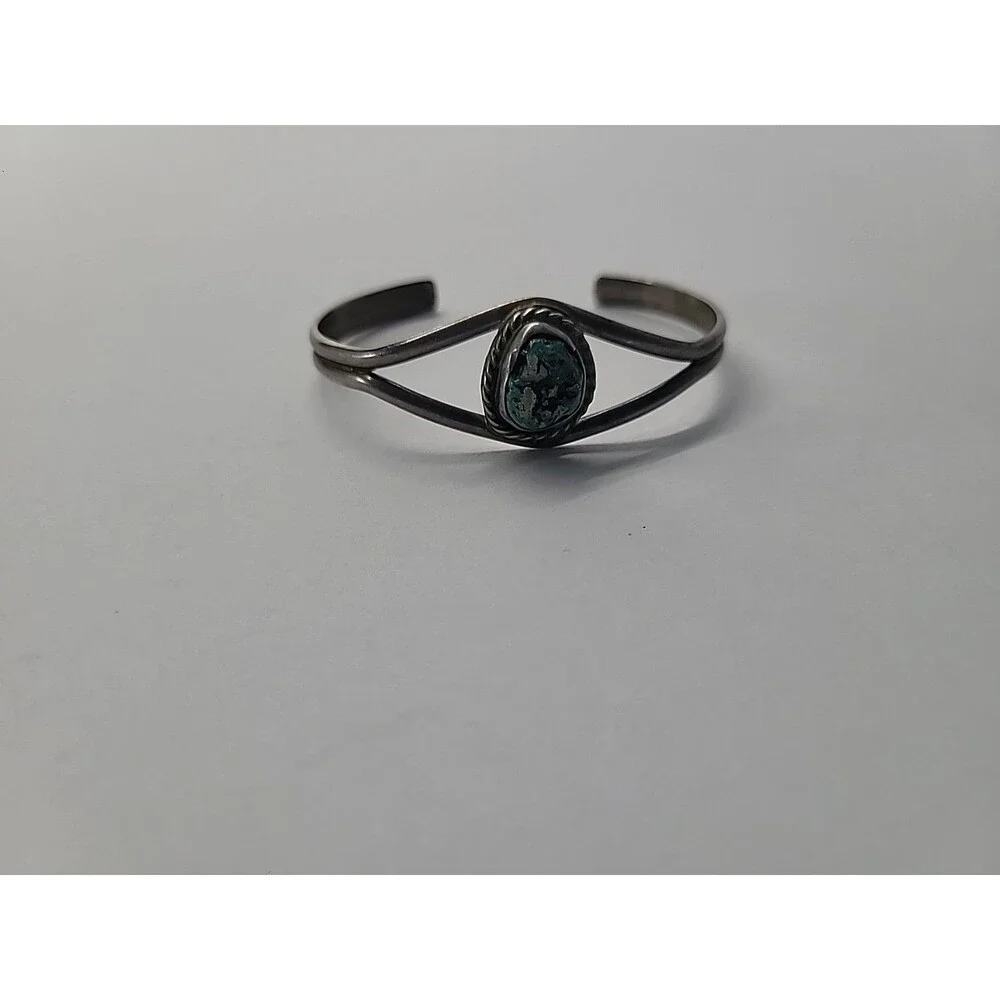 Blue Stone Cuff Bracelet Silver Tone Cuff Open Bangle Southwestern Boho Rope Bez